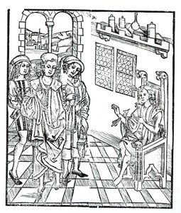 Chirurg odwiedza mężczyznę z ranami od strzał, z „Das Buch der Cirugia” opublikowanej w Strasburgu, 1497